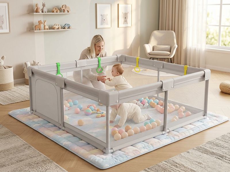 Parent watching baby through mesh ZEEBABA 59x59 playpen while cooking in kitchen