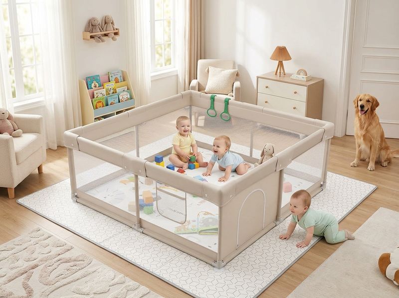 ZEEBABA 47x47 playpen tucked between couch and TV stand in a studio apartment
