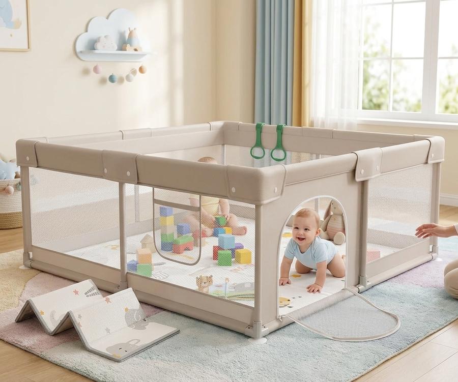 ZEEBABA 47x47 playpen in a studio living room with mat and toys